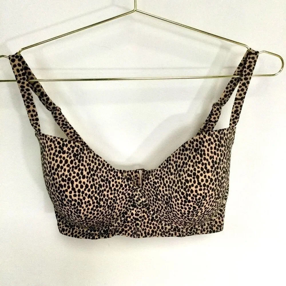 Shade & Shore Womens Tan Cheetah Light Lift V-Wire Ribbed Bikini Top Size 36DD